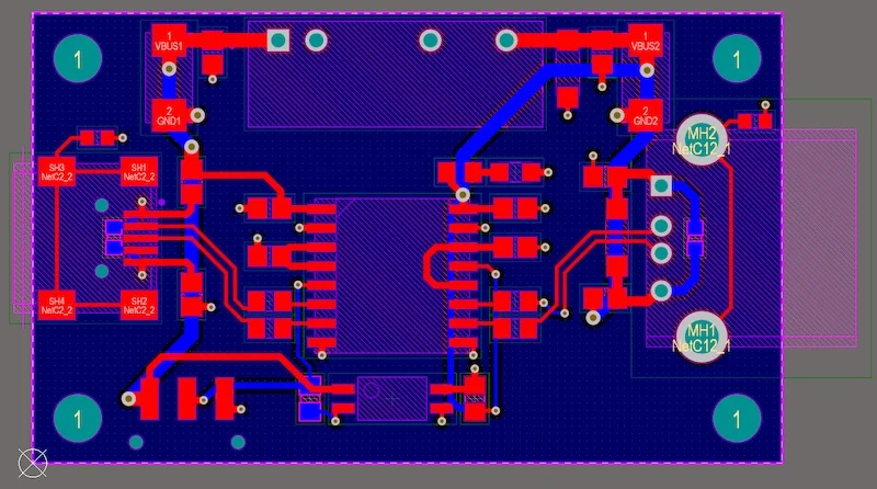 Dense PCB layout with minimal copper pour to prevent manufacturing issues.