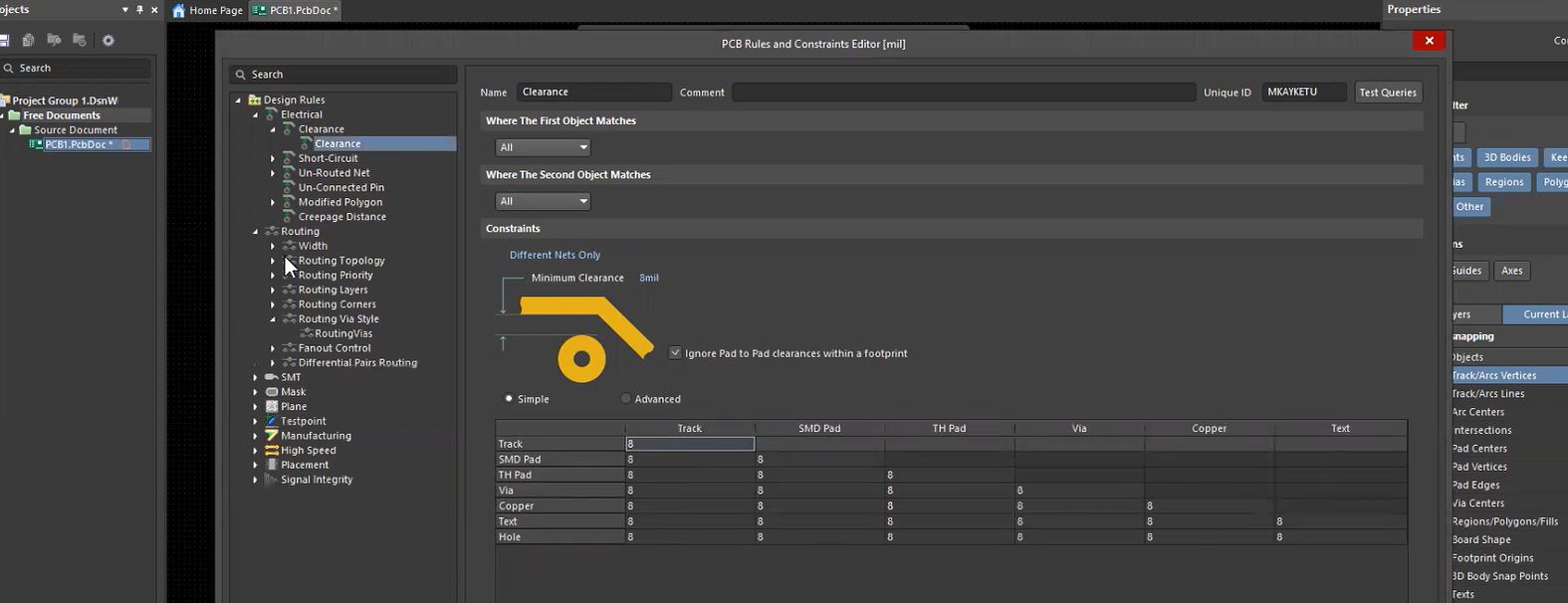 PCB design software showing constraint management settings for beginners.