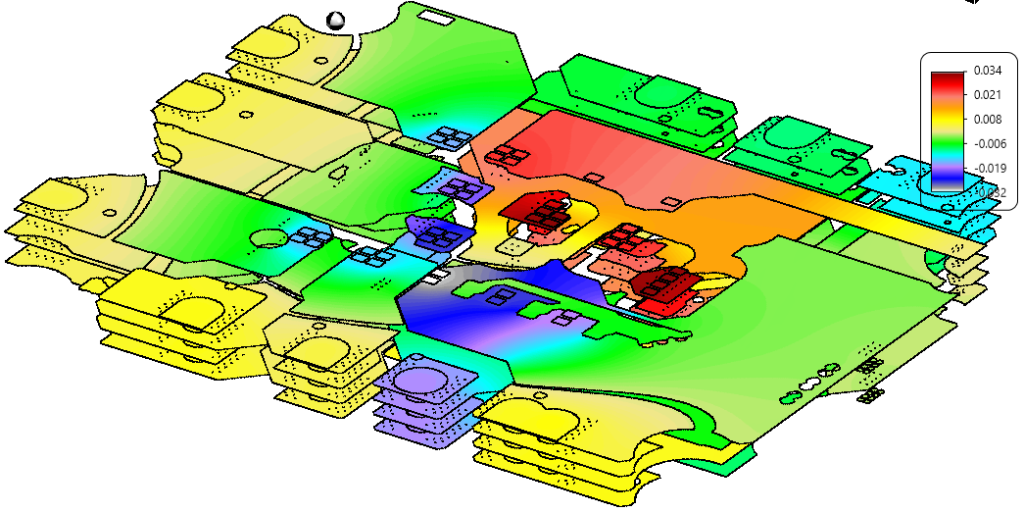 Thermal simulation of a multi-layered PCB showing heat distribution.