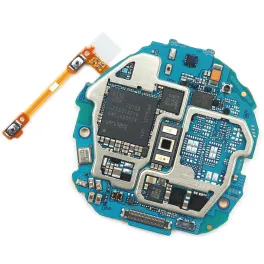 a small PCB used in a wearable device, with annotations pointing to tight trace layouts.