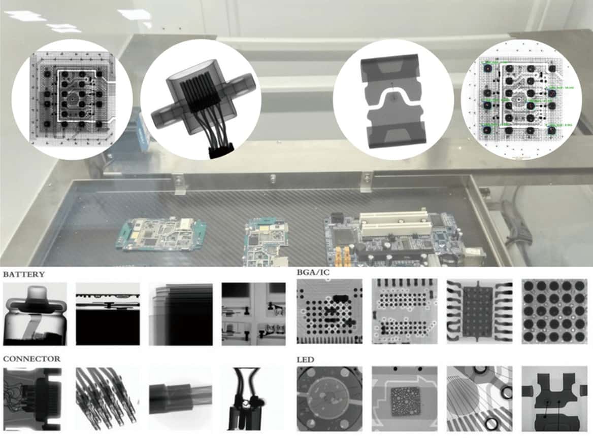 Inspection of laminated PCB using X-ray imaging for quality control.