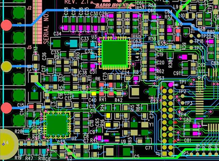 Detailed view of a high-frequency PCB design with precise trace patterns