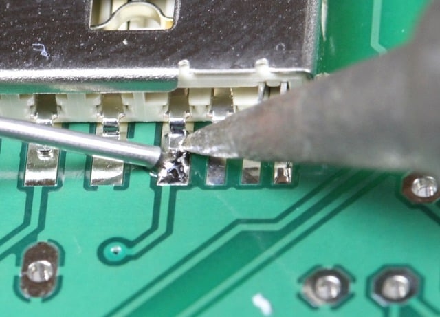 Macro view of PCB solder joints