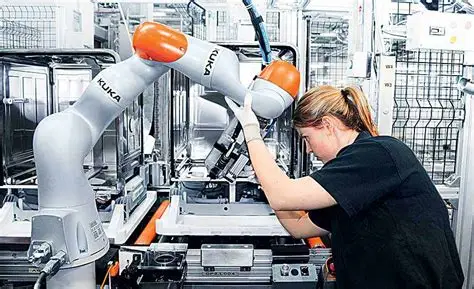 Cobots and human technician collaborating on assembly line