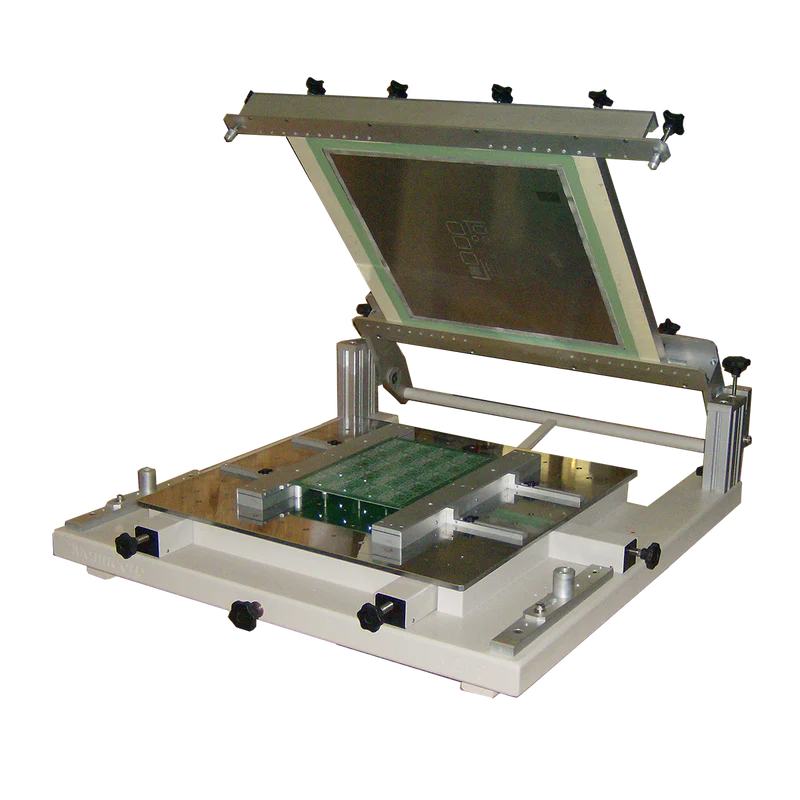 Close-up of a manual stencil printer setup for PCB prototyping