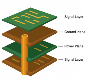 Cross-section view of a multilayer PCB showing power and ground planes')