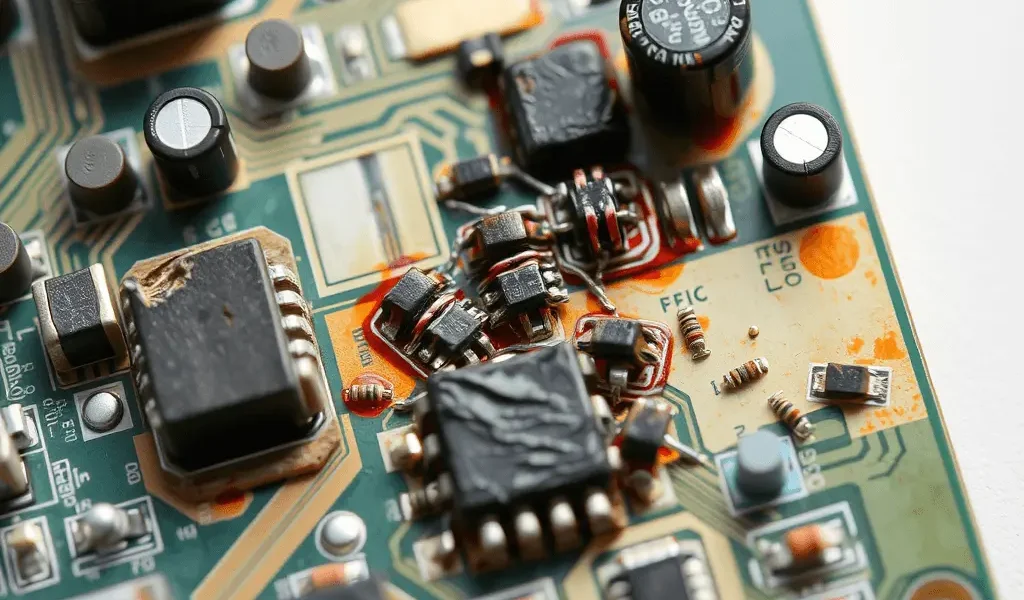Damaged circuit board from short circuit