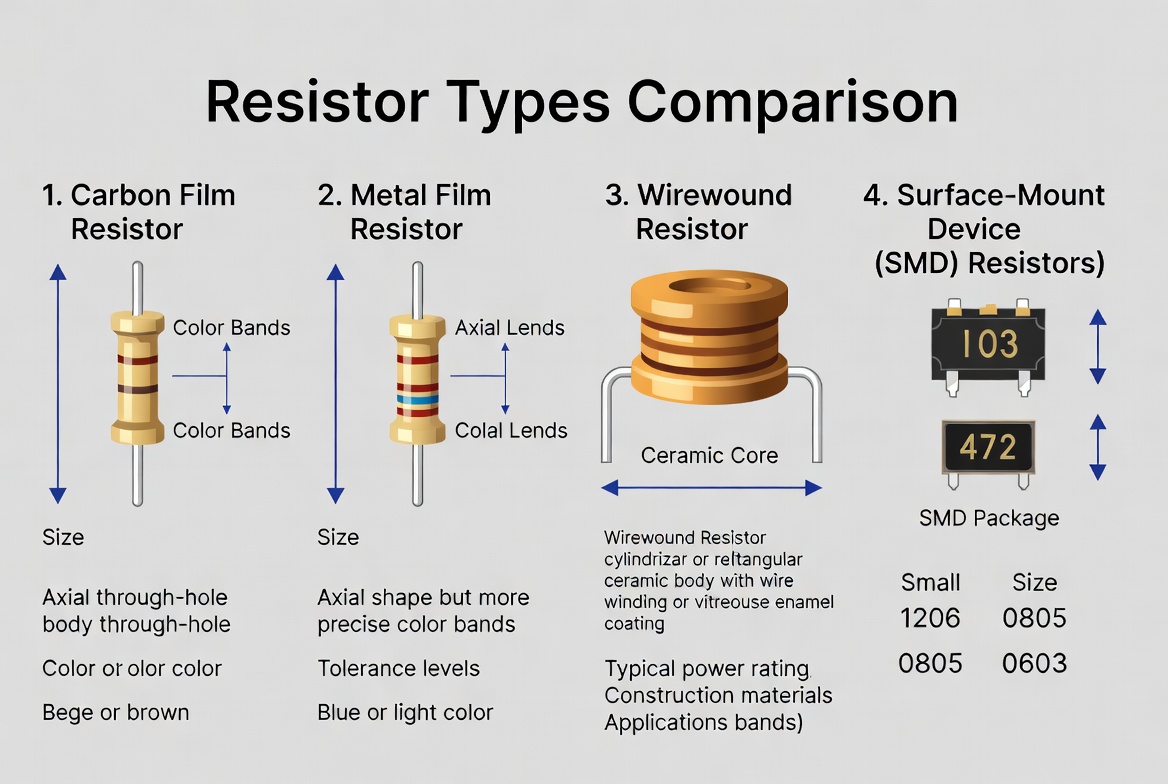 Infographic comparing through hole resistor and surface mount resistor characteristics