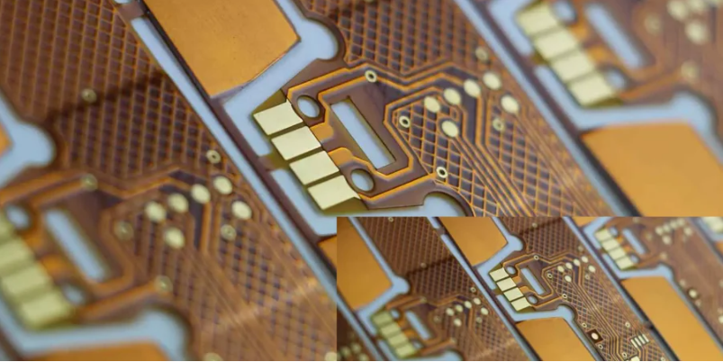 Close-up of conformal coating on polyimide flexible PCB
