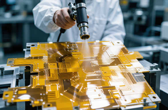 Operator applying conformal coating via spray to a polyimide flexible circuit