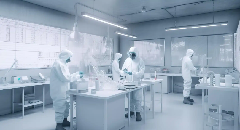 Technician handling high-frequency laminates in a controlled cleanroom environment