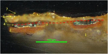 Close-up microscope image of selective gold plating cross-section