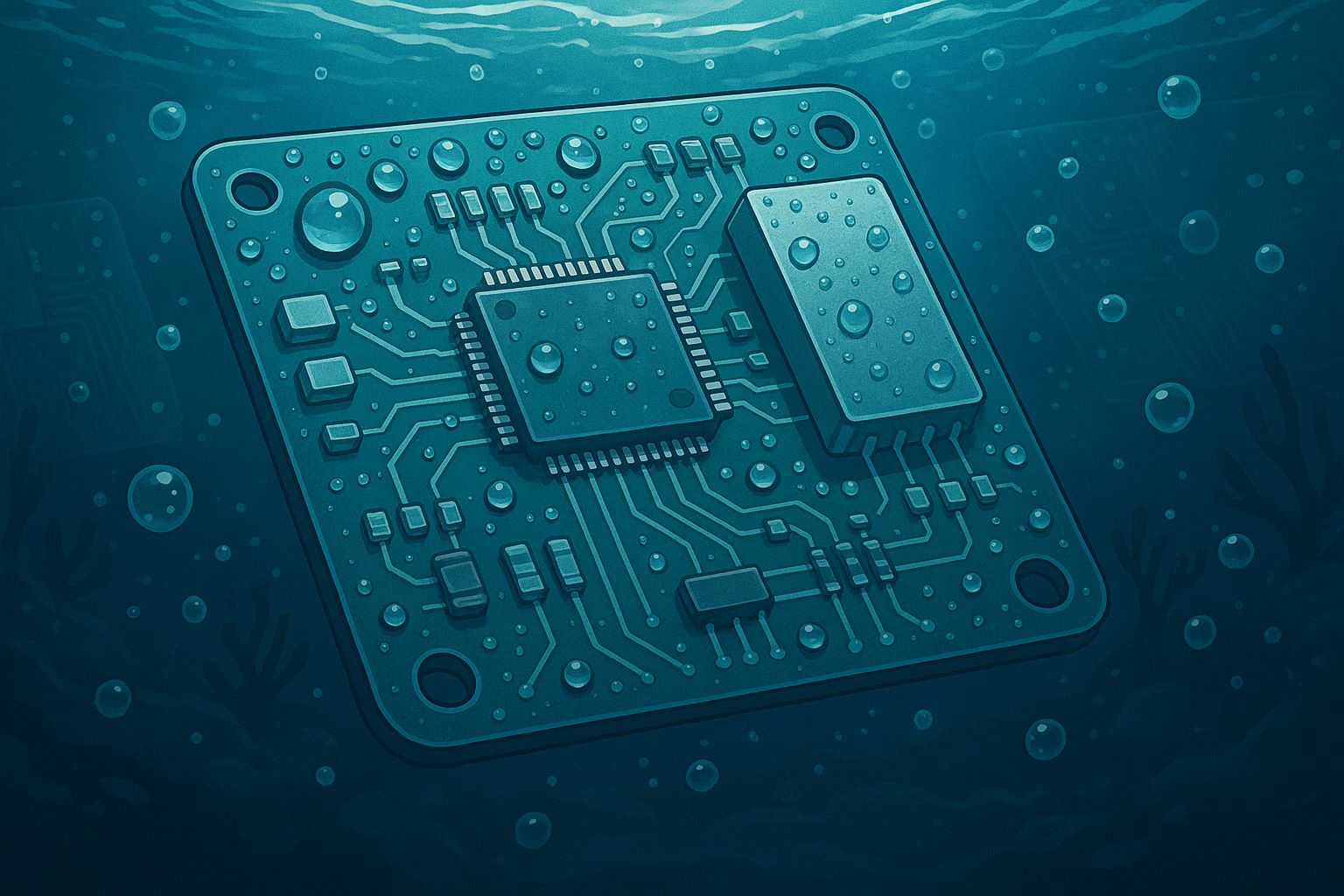 Polyimide PCB submerged in corrosive solvent during resistance testing