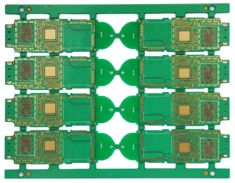 Diagram of optimized panel for large-scale PCB batch production showing multiple boards and rails