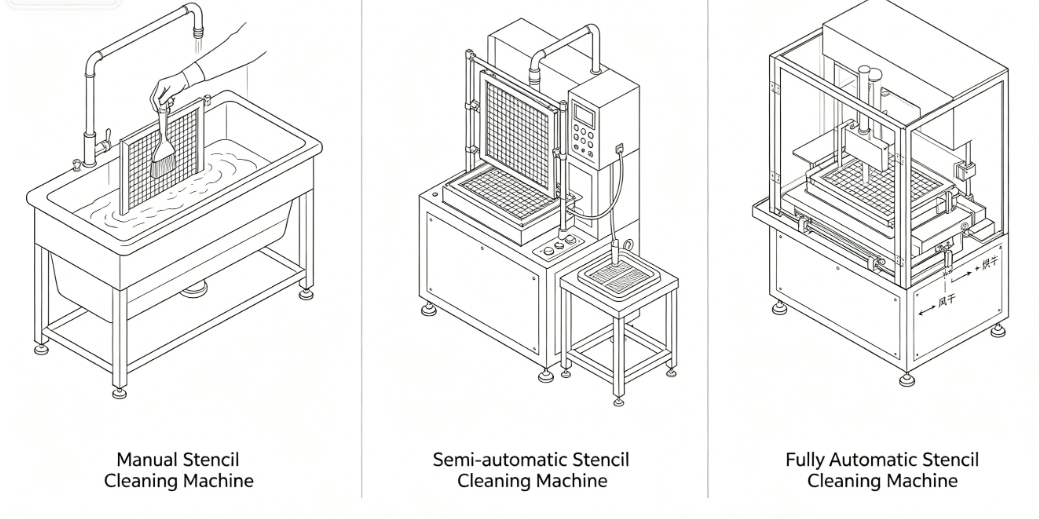 Comparison diagram of manual, semi-automated, and fully automated stencil cleaners