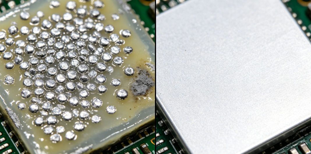 Microscopic view showing solder paste residue before and after cleaning