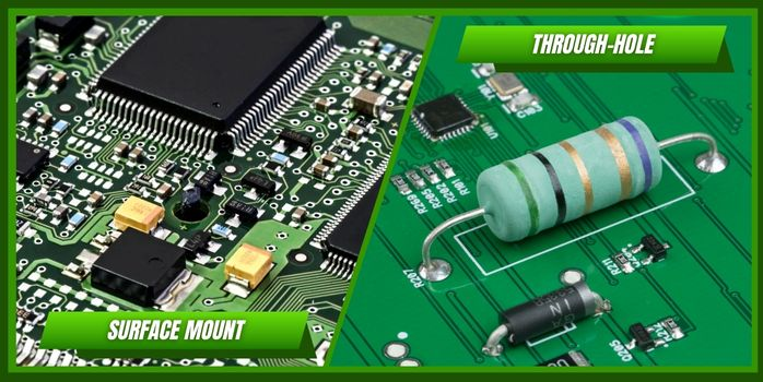 Side-by-side view of SMT and through-hole PCB assemblies