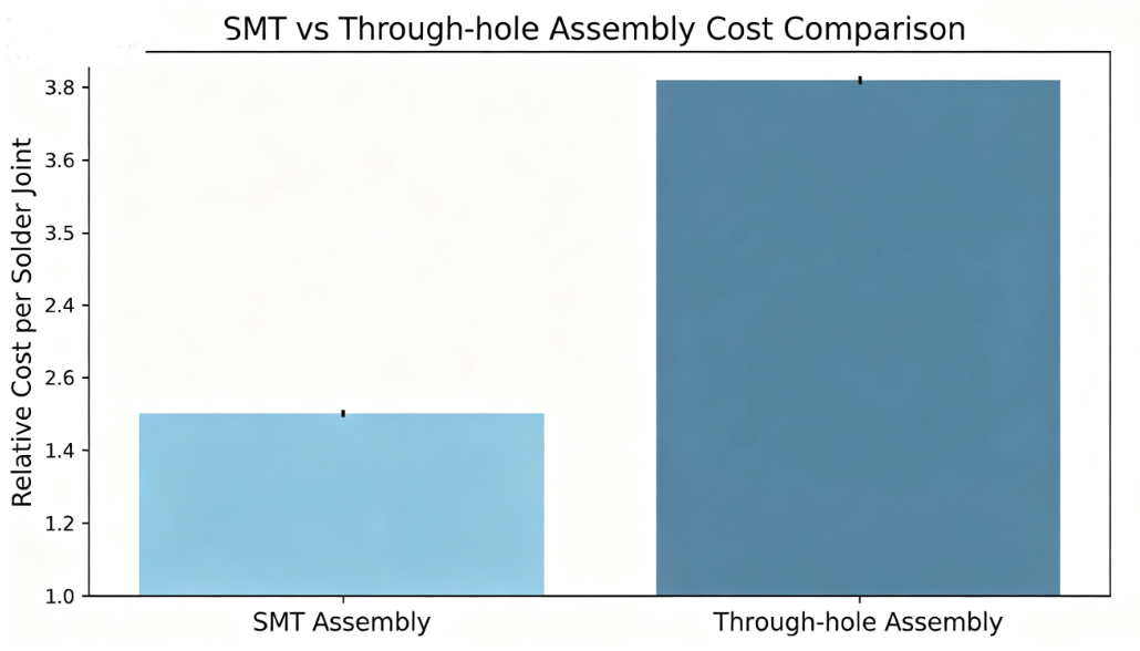 Bar graph illustrating SMT vs through-hole assembly costs by volume'