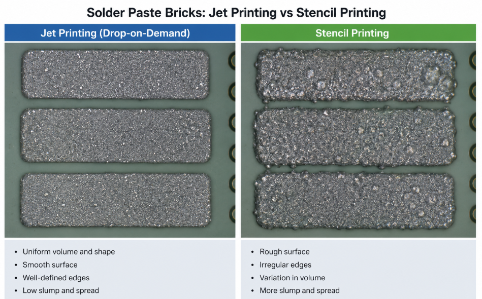 Side-by-side microscope views of solder paste bricks from jet and stencil printing