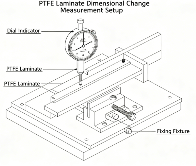 Dial gauge setup measuring dimensional changes in a PTFE laminate panel