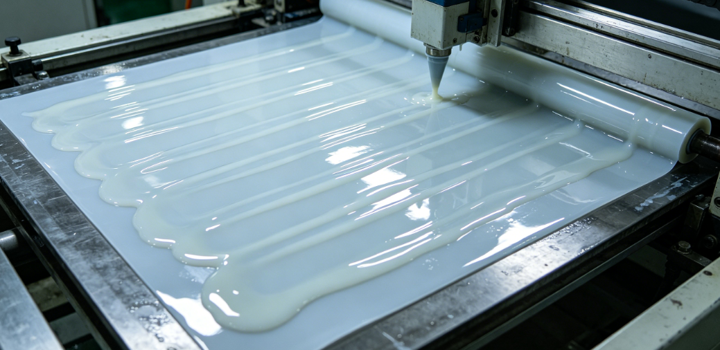 Liquid photoimageable solder mask being applied to treated PTFE surface