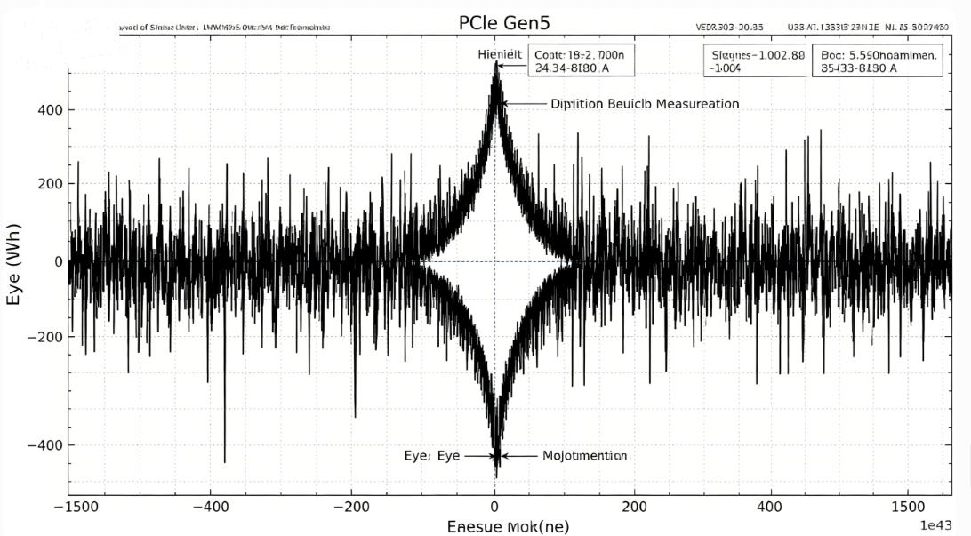 Oscilloscope capture of PCIe Gen5 eye diagram highlighting height, width, and jitter margins