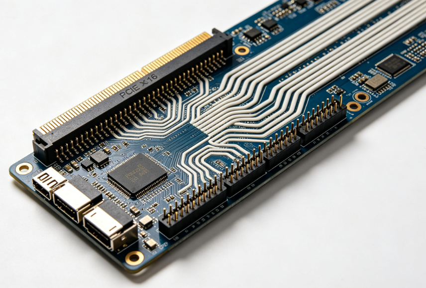 Top view of PCIe x16 connector breakout with differential pairs and length-matched serpentine