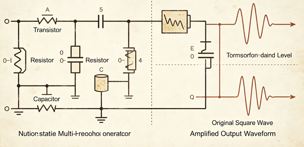 Diagram illustrating astable multivibrator signal generator and amplifier stages