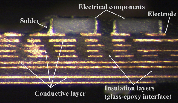Microscopic view of electrical tracking path on PCB surface