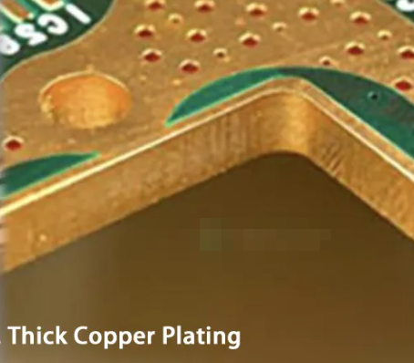 Cross-section view showing thick copper layers on a double-sided heavy copper PCB