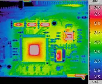 Infrared image showing heat distribution on a loaded heavy copper double-sided PCB
