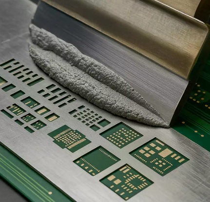 Squeegee applying solder paste over a multi-level step stencil on a mixed PCB