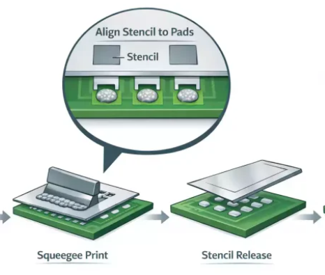 Close-up of multi-level apertures for BGA and tall inductor in varying component height stencil