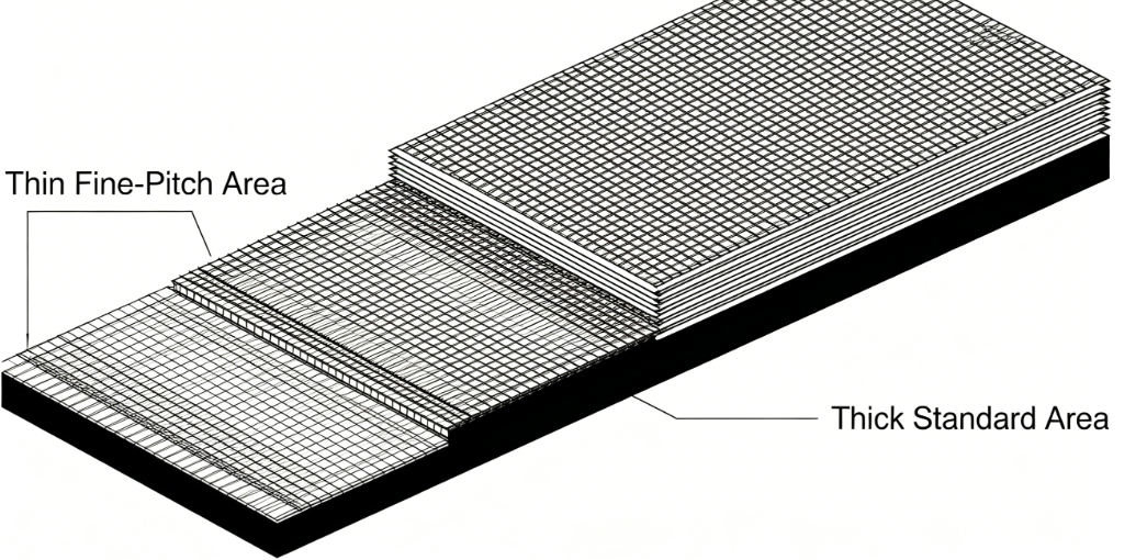 Cross-sectional diagram of a step stencil showing thinner fine-pitch areas and thicker standard zones