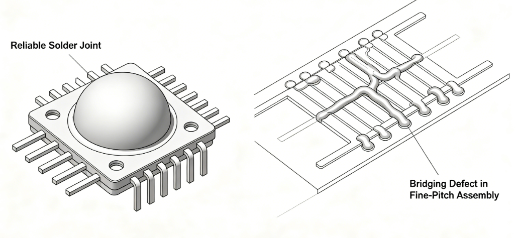 Comparison of reliable solder joints versus defects like bridging in fine-pitch assembly