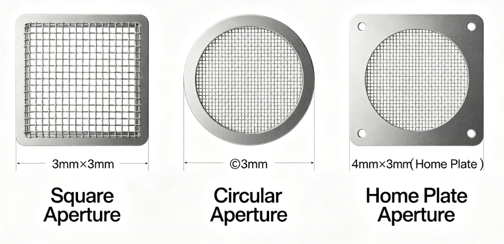 Diagrams of square, circle, and home plate stencil apertures in SMT stencils
