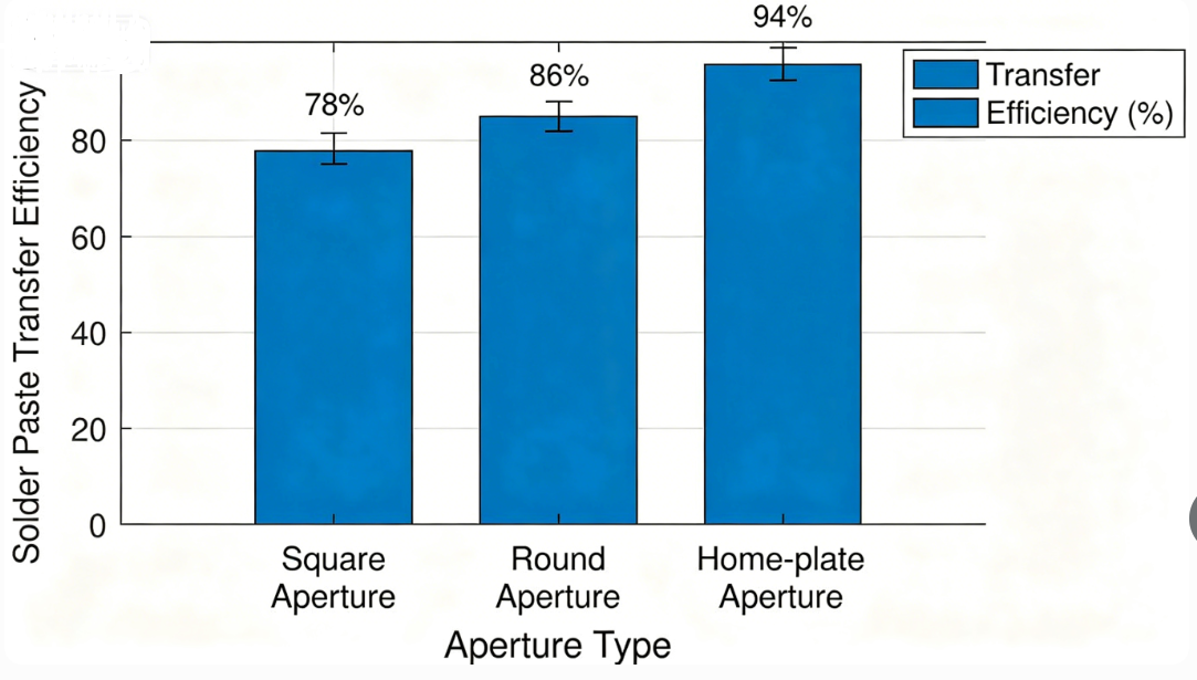 Graph comparing solder paste transfer efficiency for square, circle, and home plate apertures