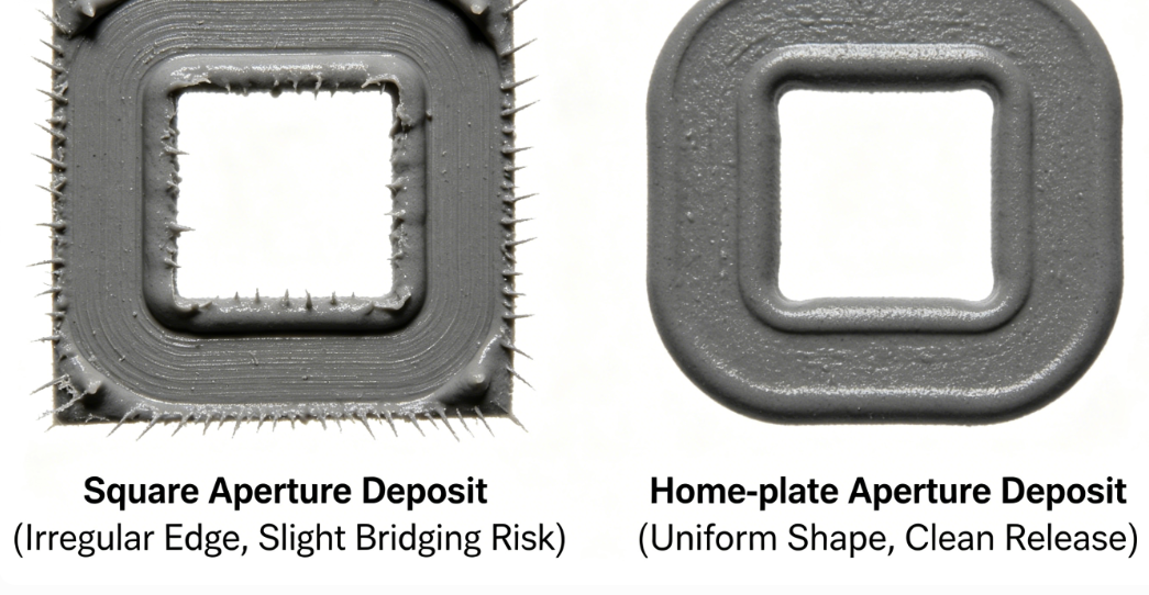 Solder paste inspection images from square and home plate apertures showing deposit quality