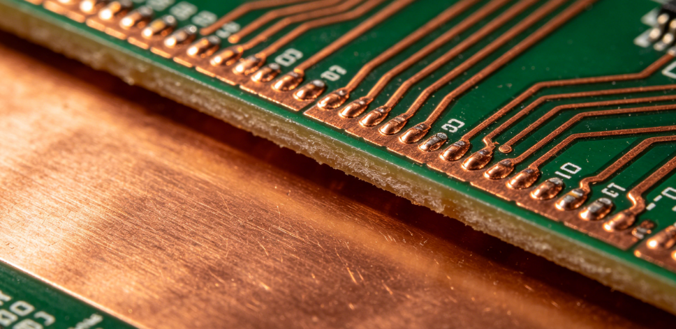 Cross-section of a double-sided PCB showing signal trace on top layer and ground pour on bottom layer