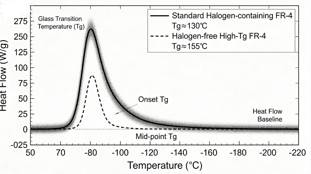 Graph overlay of Tg curves for halogen-free and standard materials