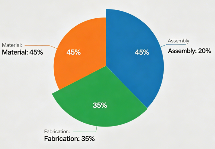 Pie chart illustrating material, fabrication, and assembly cost components
