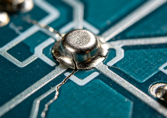 Microscopic view of lead-free solder joint in automotive PCB under stress testing