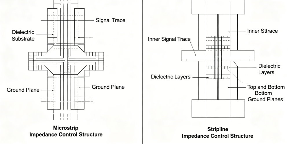 Diagram comparing microstrip and stripline structures for impedance control
