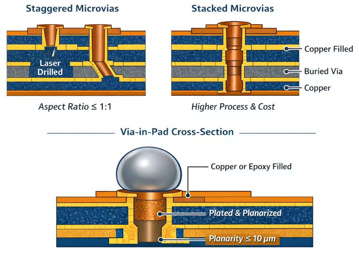 Cross-section of stacked microvias showing potential stress points