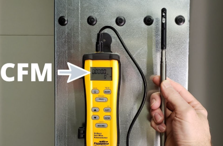 Technician using anemometer to check nozzle airflow velocity