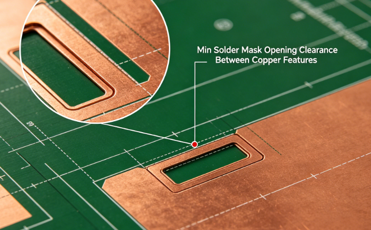 Technical drawing showing minimum solder mask clearance between copper features