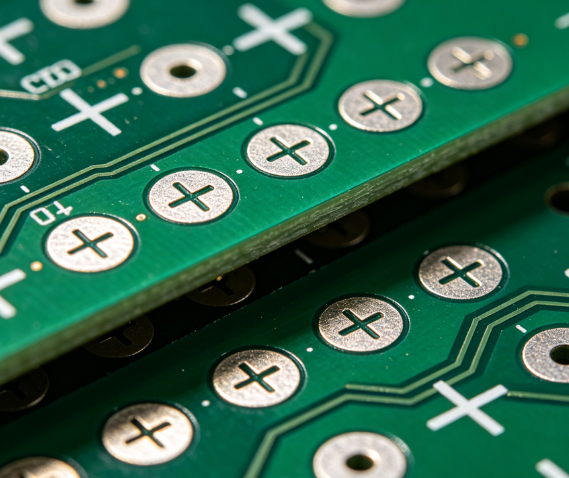 Close-up view of top and bottom silkscreen registration marks on a PCB