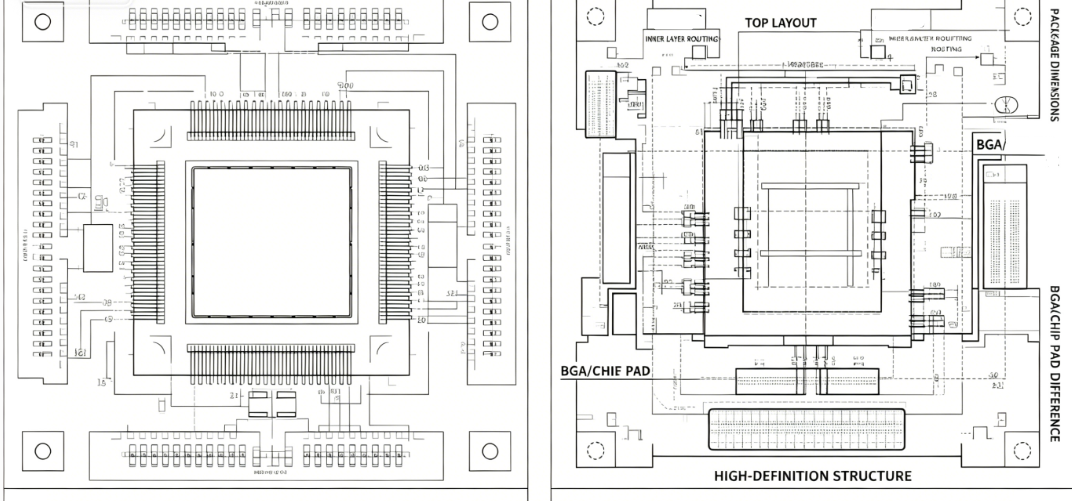 Visual overlay of original and substitute component footprints on PCB layout