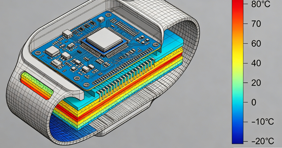 Cross-sectional view of a wearable electronics assembly showing temperature gradients