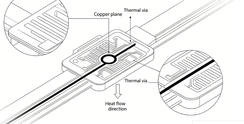 Diagram illustrating conduction paths through copper planes and thermal vias in a compact wearable circuit